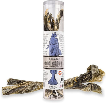 Polkadog Cod Skins for Dogs (4.7oz Regular) - Single Ingredient, Wild-Caught Fish Skin Dog Treats for All Breeds – High in Lean Protein & Omega-3. Hypoallergenic, Grain Free. Handcrafted & Made in USA