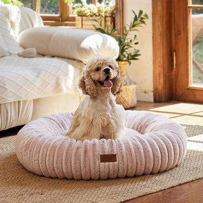 FUKUMARU Dog Bed, Calming Donut Dog Beds for Anxious Dogs, Modern Aesthetic Cat Bed with Gradient Print, Cute Round Pet Beds with Washable Cover, Orthopedic Puppy Bed, Camel, Medium, 30 inches