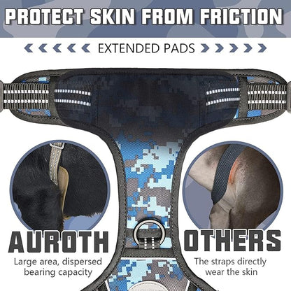 Auroth Tactical Dog Training Harness No Pulling Front Clip Leash Adhesion Reflective K9 Pet Working Vest Easy Control for Small Medium Large Dogs Blue Camo M