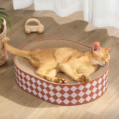 Conlun Oval Cat Scratcher Bed, 2-in-1 Cat Scratching Board, Natural Corrugated Cardboard Scratch Pad Lounge, Sealed Base Traps Debris,No Assembly Kitty Furniture,Stylish Colors Blends Any Home Decor