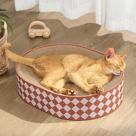 Conlun Oval Cat Scratcher Bed, 2-in-1 Cat Scratching Board, Natural Corrugated Cardboard Scratch Pad Lounge, Sealed Base Traps Debris,No Assembly Kitty Furniture,Stylish Colors Blends Any Home Decor