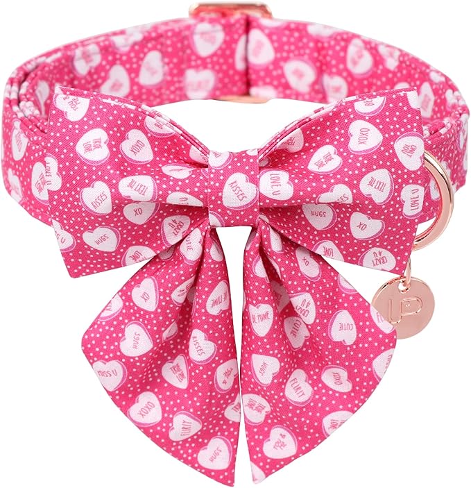 Valentine’s Dog Collar with Bow Tie, Pink Heart Bowtie Collar with Metal Buckle, Valentine’s Gift Pet Collar for Puppy Girl Boy Dog or Cat, Wedding Dog Collar, M