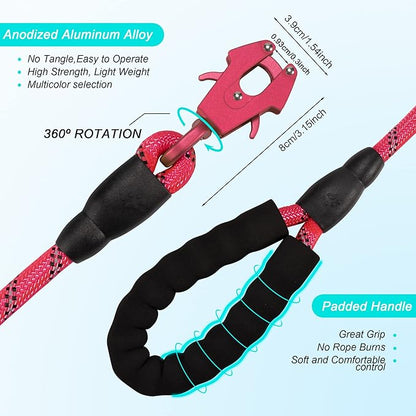 GEIT 2/4/5/6FT Dog Leash, Heavy Duty Rope Leashes, Reflective Nylon Pet Lead with Aluminum Quick Release/Locking Tactical Frog Clip for Small Medium and Large Dogs, Red, 1/2 inch
