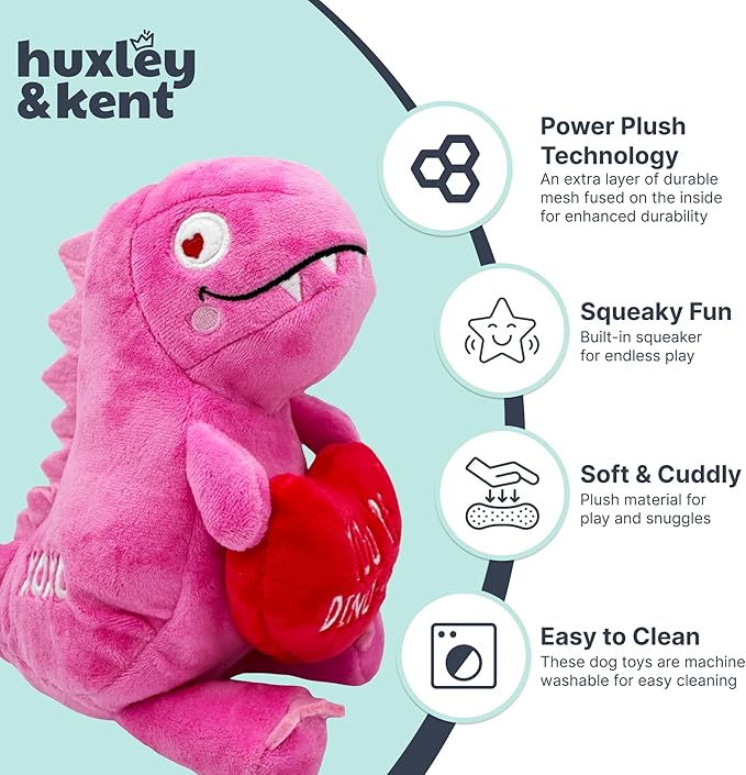 Huxley & Kent Funny Dog Toy w/Squeaker – Valentine's DayPower Plush Squeaky Dog Toys for Small, Medium & Large Dogs – Soft Stuffed Animal for Indoor Play & Fetch - You're Dino-Mite, One Size