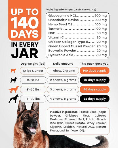 Glucosamine 500mg Hip & Joint Support Supplement for Dogs – Chondroitin, Collagen, MSM & Turmeric Chews – Supports Mobility, Flexibility & Joint Health for Large Breeds & Seniors
