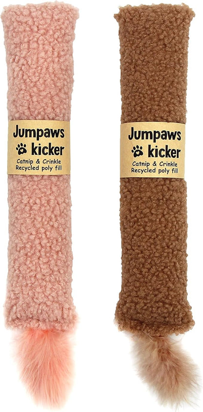 Jumpaws 2 Pack Natural Interactive Catnip & Silvervine Cat Kicker with Tail, Bite Resistant Chew Toy, Crinkle Kicker, Accessories for Indoor Cat, Sherpa Material