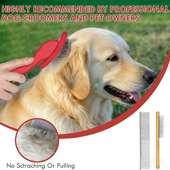 Slicker Brush for Dogs, Dog Grooming Supplies Long Pin Large Doodle Brush for Goldendoodles Poodles Bernedoodles, 3 Pcs Grooming Tools with Wooden Handle for Mats Tangles - Red