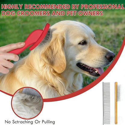 Slicker Brush for Dogs, Dog Grooming Supplies Long Pin Large Doodle Brush for Goldendoodles Poodles Bernedoodles, 3 Pcs Grooming Tools with Wooden Handle for Mats Tangles - Red