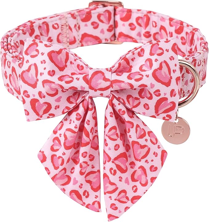 UP URARA PUP Valentine’s Day Dog Collar with Bow Tie, Pink Heart Bowtie Collar with Metal Buckle, Valentine’s Day Gift Pet Collar for Puppy Girl Boy Dog or Cat, Wedding Dog Collar, S, Neck 10-16in