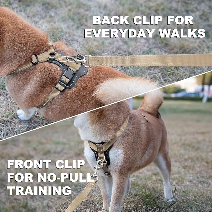 Plutus Pet Adjustable No Pull Dog Harness with Leather Accents, Heavy Duty Reflective Nylon Vest for Training, Hiking, Easy Walk Harness for Small, Medium, Large Dogs (Beige, L)