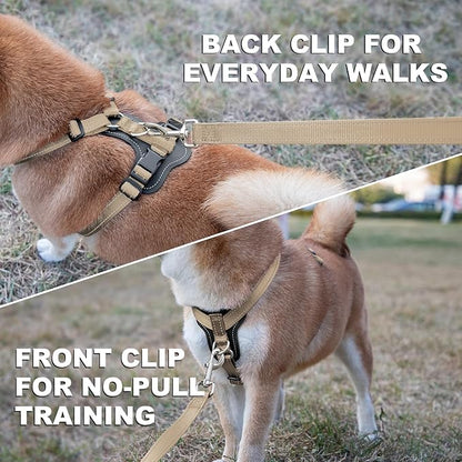 Plutus Pet Adjustable No Pull Dog Harness with Leather Accents, Heavy Duty Reflective Nylon Vest for Training, Hiking, Easy Walk Harness for Small, Medium, Large Dogs (Beige, L)