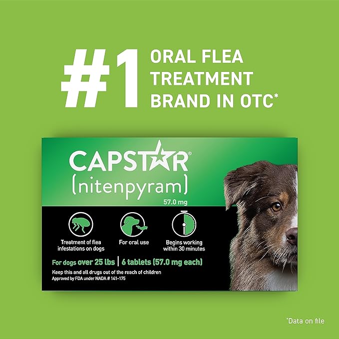 Capstar(nitenpyram) for Dogs Fast-Acting Oral Flea Treatment for Dogs Over 25 lbs, Vet-Recommended Medication Tablets Start Killing in 30 Minutes, 60 Doses