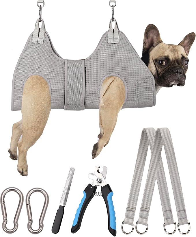 Kkiimatt Dog Grooming Hammock Harness, M Size Grooming Sling Restraint for Nail Trim, Silver Gray Holder Hanger for Grooming with Thick Neck Support