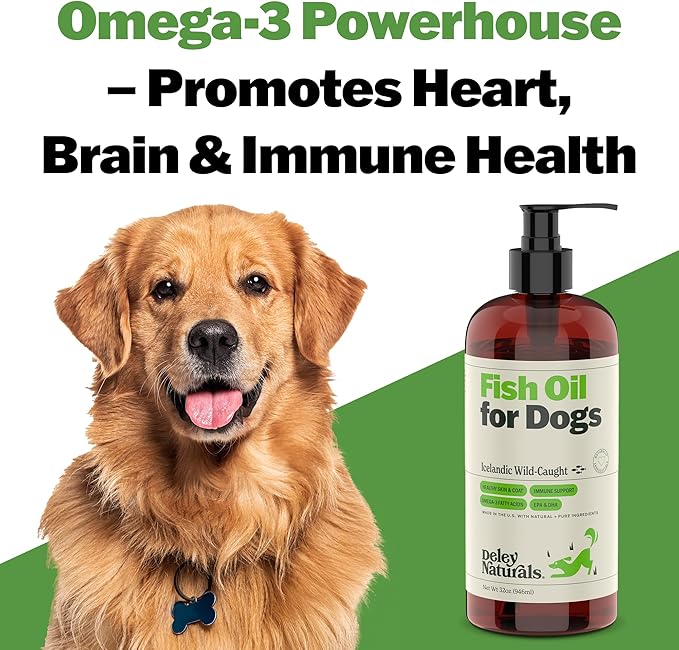 Deley Naturals Dog Fish Oil Icelandic 2X Omega - Dog Itching Skin Relief with Omega 3 6 9 for Allergies, Coat & Heart - Omega 3 Fish Oil for Dogs Skin Irritation - 32oz Omega Oil for Dogs Made in USA