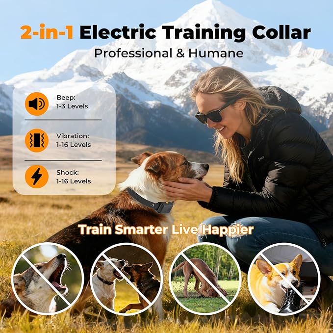 2-in-1 Dog Shock Collar with Remote Control and Automatic Bark Mode - Electric Training Smart Anti Barking Collars for Small Medium Large Dogs E-Collar (5-150Lbs) Waterproof