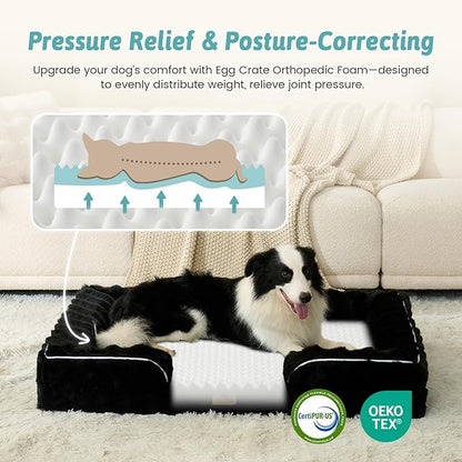 COZY KISS Orthopedic Dog Bed for Large Medium Size Dog, Soft and Warm Faux Fur Sofa for Pet Up to 75 lbs, Foam Bolster Anti-Slip Couch with Washable Removable Cover, L 36x27x6.5 inch, Black