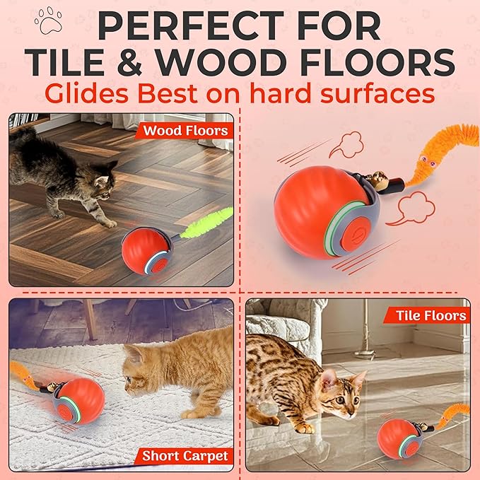 Dr. Fluffyyes Interactive Cat Toy Ball - Motion-Activated, USB Rechargeable Cat Toys for Indoor Cats with Anti-Scratch Cover & 2 Changeable Tails - Enrichment Toy for Active Cats & Kittens