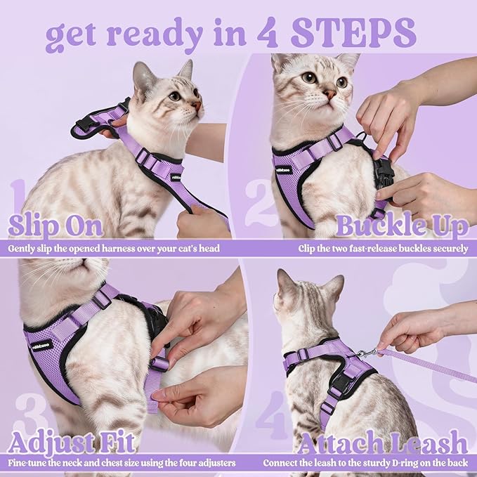 rabbitgoo Cat Harness and Leash for Walking, Escape Proof Soft Adjustable Vest Harnesses for Cats, Easy Control Breathable Reflective Strips Jacket, Light Purple, S