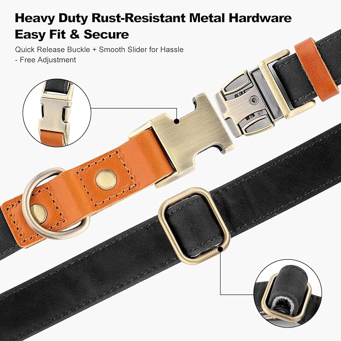 Plutus Pet Genuine Leather & Hemp Dog Collar – Adjustable Heavy Duty Pet Collar with Quick Release Metal Buckle, Soft & Stylish for Puppy and Small, Medium, Large Dogs (Black, S)