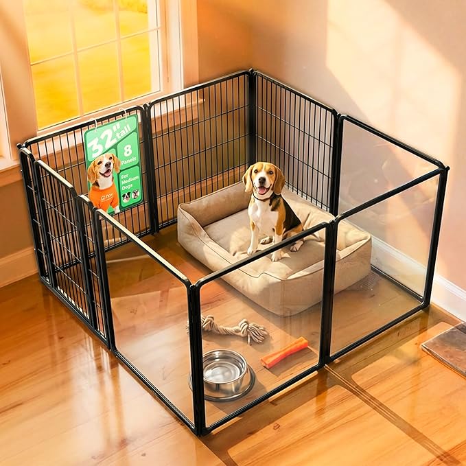 FXW Acrylic & Wire Mesh Indoor Dog Playpen, Heavy Duty 32 Inch 8 Panels Metal Dog Pen for Small and Medium Dogs, Black│Patented