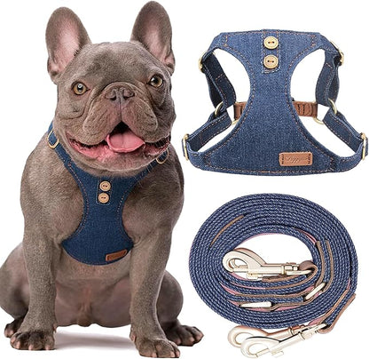 No Pull Small Dog Harness with Multifunction Dog Leash,Lightweight Soft Adjustable No Choke Escape Proof Pet Harness Vest Pet Harness Vest,Denim Blue,S
