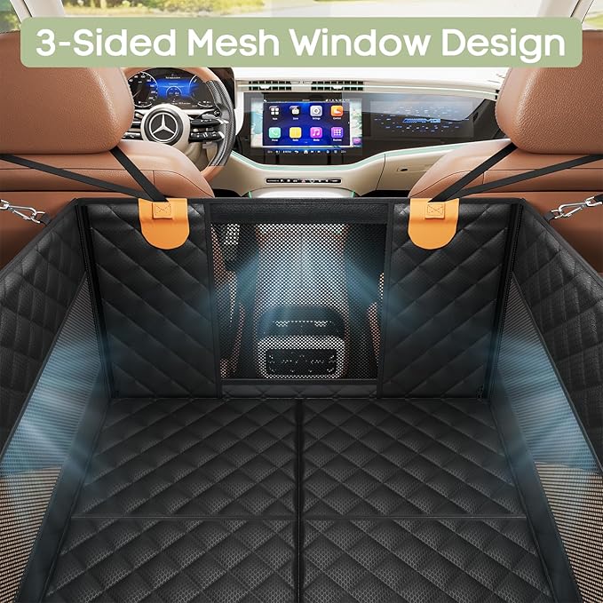 Smatto Dog Car Seat for Large Medium Dogs, Back Seat Extender for Pets with Hard Bottom, Strong Support Waterproof Dog Seat Cover with 3 Mesh Windows for Cars, Trucks and SUVs