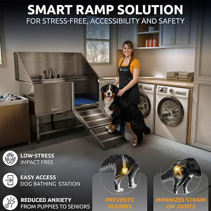 KANIS Professional Dog Washing Station - 304 Stainless Steel Pet Wash Sink & Grooming Bathtub w/Shower, Floor Grates and Storage for Large, Medium & Small Pets (50", Shelf - Right Ramp)