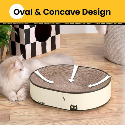 Conlun Oval Cat Scratcher Bed, 2-in-1 Cat Scratching Board, Natural Corrugated Cardboard Scratch Pad Lounge, Sealed Base Traps Debris,No Assembly Kitty Furniture,Stylish Colors Blends Any Home Decor