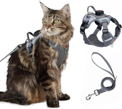 Cat Harness and Leash Set with AirTag Holder: Upgraded Escape Proof Vest with Lead for Small Dog Puppy Large Cat Walking，Soft Breathable Mesh Coat with Reflective Strip, Grey, S
