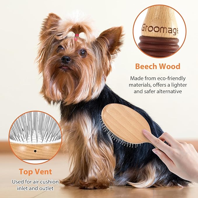 GROOMAGE Dog Brush for Long Haired Dogs, 27mm Extra Long Pin Brush for Grooming, Shedding - Beech Wood Material, Non-Slip Rubber Handle, Round-Tipped Pins