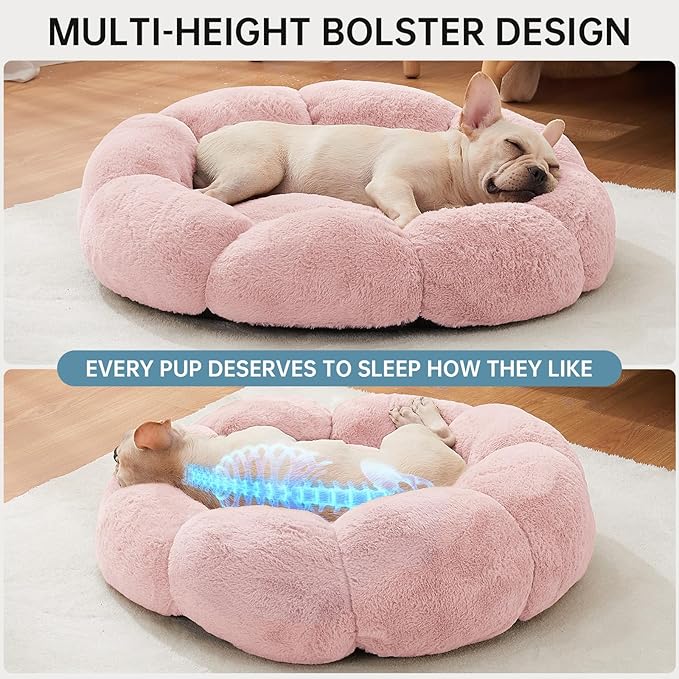 OhGeni 27 inches Calming Donut Dog & Cat Bed for Medium Pets, Warming Comfort Fluffy Short Pile Fur, Durable Machine Washable, Cute Round Bed for Puppy and Kitten, Pink
