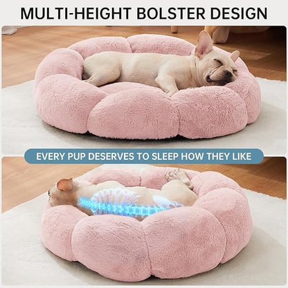 OhGeni 27 inches Calming Donut Dog & Cat Bed for Medium Pets, Warming Comfort Fluffy Short Pile Fur, Durable Machine Washable, Cute Round Bed for Puppy and Kitten, Pink