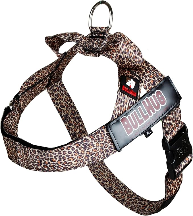 BULLHUG Adjustable Dog Harness– No Pull, No Choke – for English Bulldogs, French Bulldogs, Pugs & Broad-Chested Breeds – Easy, Safe Walks (Leopard, XL)
