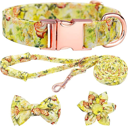 Dog Collar and Leash Set Girls Adjustable Puppy Collars with Floral Bow Tie for Small Medium Large Female Dogs, Yellow Rose, L