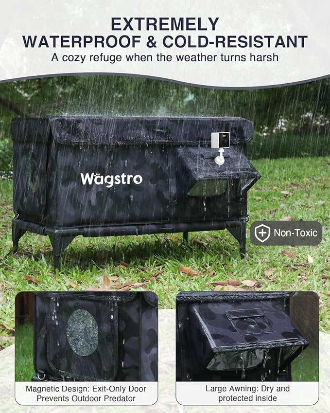 Wagstro Heated Cat House for Outside with Smart Pet Camera, Highly Elevated with Escape Door, Insulated Waterproof Outdoor Cat House Shelter for Feral Stray Barn Cat (Camo Black, 25.6"x16.5"x18.5")