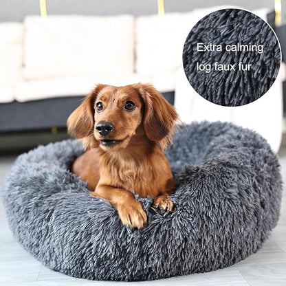 Calming Donut Dogs Beds for Medium Dogs up to 45 lb,30inch Anti-Slip Plush Round Dog Bed with Raised Rim,Fluffy Faux Fur Pet Bed for Cozy Sleep,Dark Grey