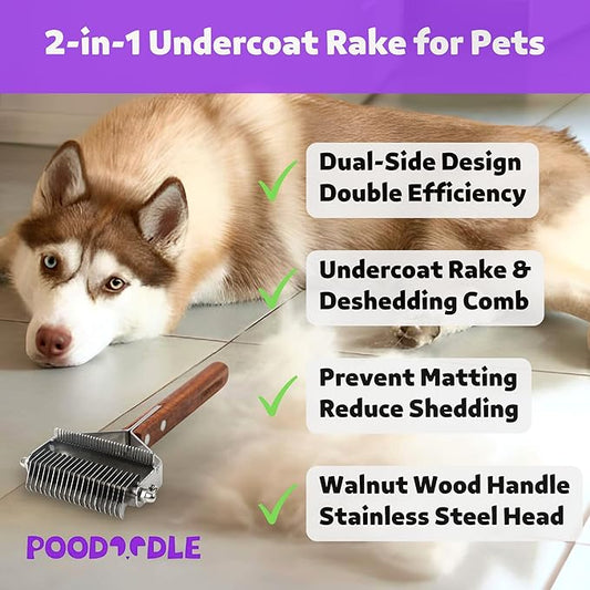 Poodoodle 2 in 1 Dogs Cats Dematting Grooming Comb, Perfect Deshedding Undercoat Rake for Poodle & Goldendoodle, Efficiently Detangling Shedding Loose Hair & Matted Fur, All Long Haired Pet (Dark)