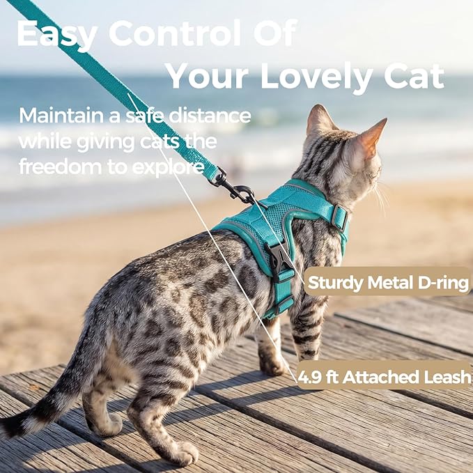 pangdi Cat Harness and Leash Set Escape Proof Tactical Medium Kitten Harness Emotional Support Cat Vest, Turquoise, M