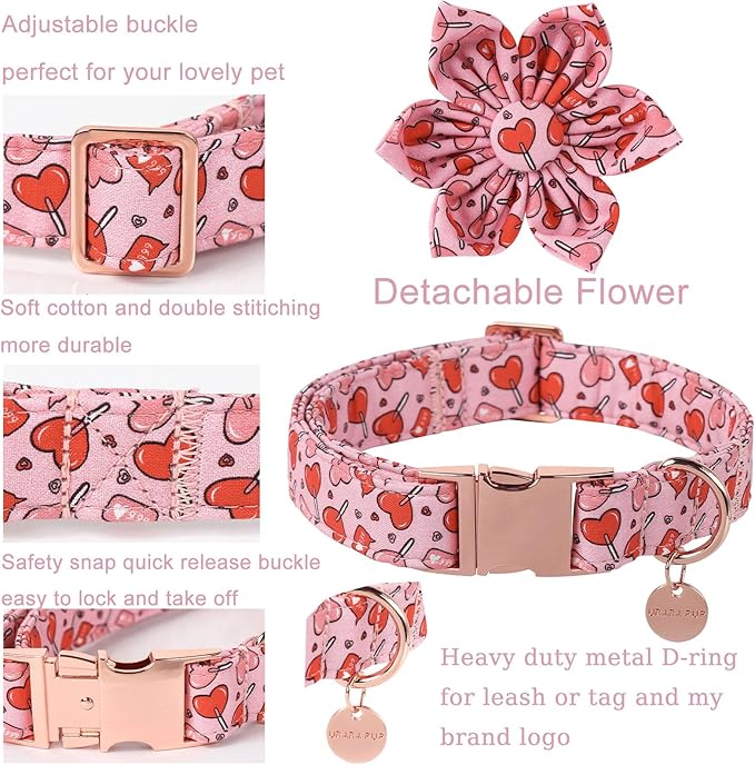 UP URARA PUP Valentine Dog Collar with Flower, Heart Flower Collar for Puppy Girl Boy Dog or Cat, Comfortable Dog Collar Flower with Durable Metal Buckle, Cute Pet Collar,XL, Neck 16-26in