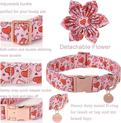 UP URARA PUP Valentine Dog Collar with Flower, Heart Flower Collar for Puppy Girl Boy Dog or Cat, Comfortable Dog Collar Flower with Durable Metal Buckle, Cute Pet Collar,XL, Neck 16-26in