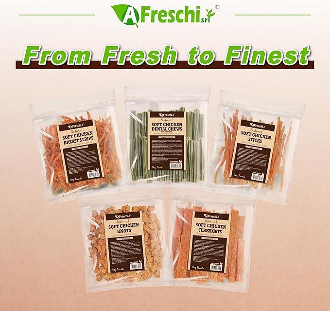 A Freschi srl Soft Chicken Dog Treats, All Natural, High-Protein, Healthy & Easily Digestible, Grain-Free Puppy Chews, Human Grade Training & Rewards Dog Snacks, Chicken Breast Strips, 16 oz Pack