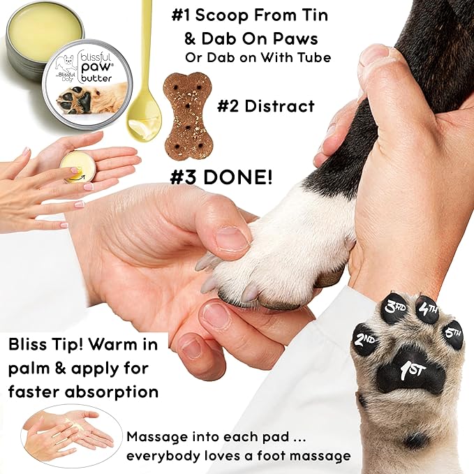The Blissful Dog Paw Butter, Moisturizer for Dry Paw Pads, Softens and Protects a Rough Paw in Winter, Versatile, Lick-Safe Dog Paw Pad Balm, 2 oz.