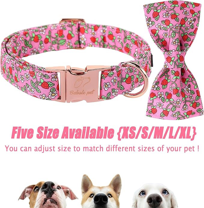Cute Dog Collar with Bow Tie, Spring Summer Strawberry Bowtie Dog Collar, Durable Adjustable Cotton Pet Collar for Small Medium Large Dogs