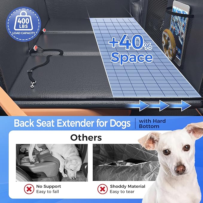 HOB4U Back Seat Extender for Dogs, PU Leather Dog Car Seat Cover for Back Seat with Hard Bottom, 100% Waterproof, Scratch Proof and Anti Slip Dog Hammock for Cars and SUVs, Holds 400 lbs