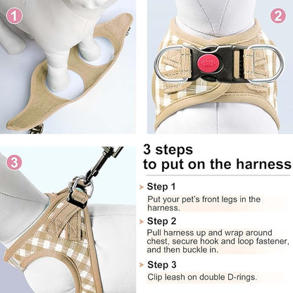 matilor Dog Harness Step-in Breathable Puppy Cat Dog Vest Harnesses for Small Medium Dogs Beige Checkered