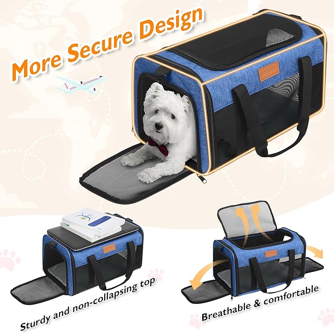 PETUX Airline Approved Pet Carrier - 17x11x9.5 in, Underseat, Top & Side Entry, Soft Sided Cat Dog Carrier for Small Cat & Dog Up to 12 lbs with Anti-Scratch Mesh & Litter Box for Travel & Vet - Blue