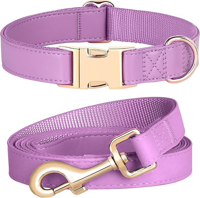 PET ARTIST Soft PU Leather Dog Collar and Leash Set, Bright & Stylish 5FT PU Leather Leash and Collar Set, Durable Pet Collars with Quick Release Metal Buckle for Medium Dogs,Purple,M(13-19")