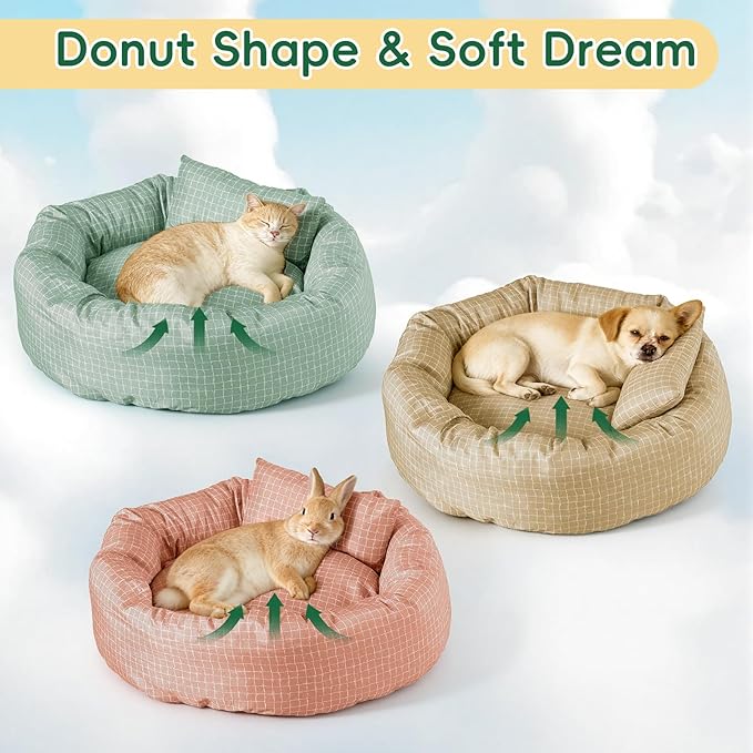 Colewin Small Cat Bed for Indoor Cats Dogs, Washable Round Donut Pet Bed for Puppies Kittens, Cute Rabbit Bunny Beds with Reversible Winter & Summer Cushion for Pets Up to 8lbs (Green)