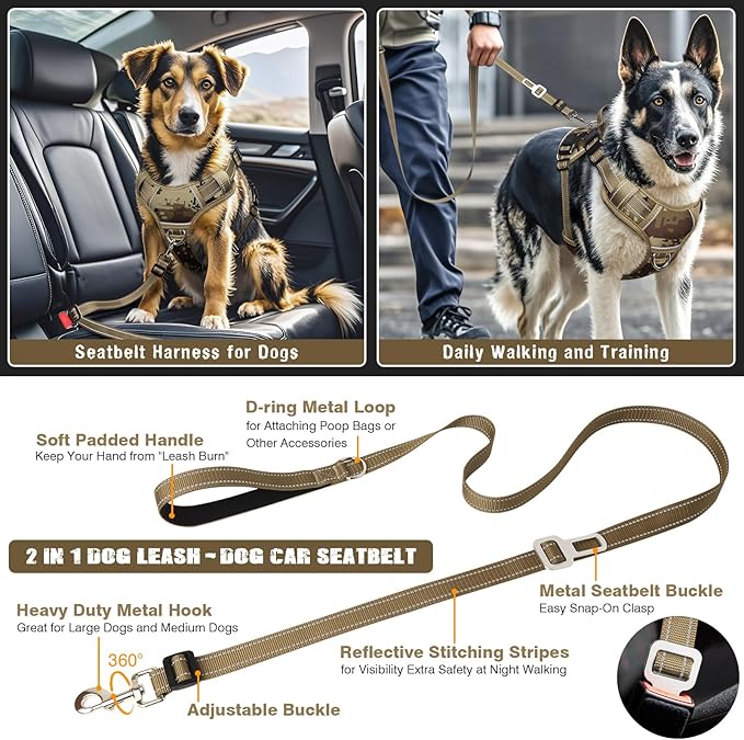 MOOGROU Tactical Dog Harness and Leash Set Small Sized Dog,Heavy Duty No Pull Service Dog Vest and 10 Patches with Dog Seat Belt,Reflective Adjustable Pet Harness for Training Walking Hiking Camo S