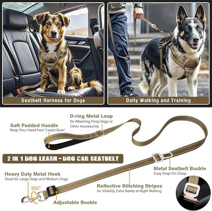 MOOGROU Tactical Dog Harness and Leash Set Small Sized Dog,Heavy Duty No Pull Service Dog Vest and 10 Patches with Dog Seat Belt,Reflective Adjustable Pet Harness for Training Walking Hiking Camo S